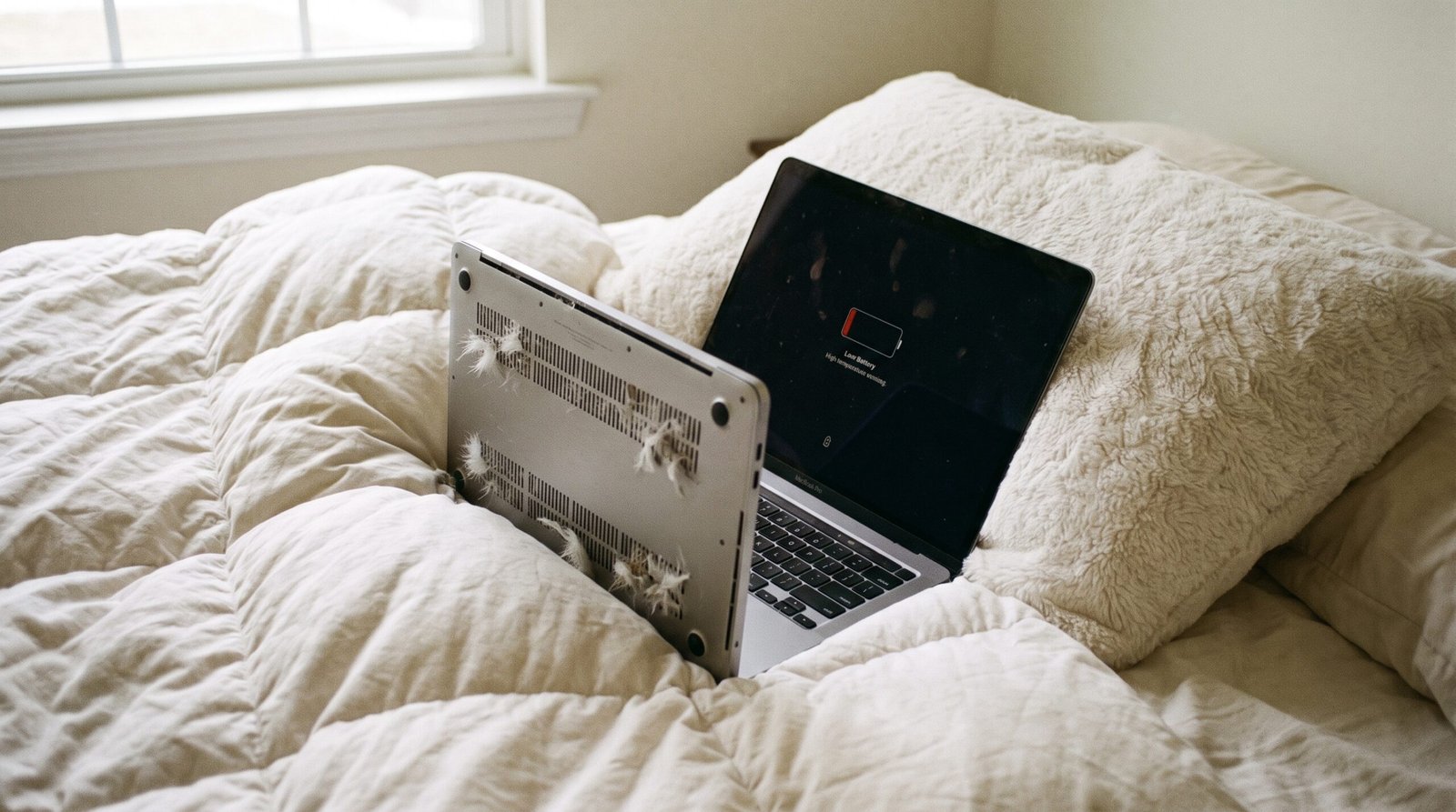 Fotografia detalhada de um notebook afundando perigosamente em um travesseiro macio na cama, mostrando as entradas de ar de refrigeração sendo completamente bloqueadas pelo tecido.