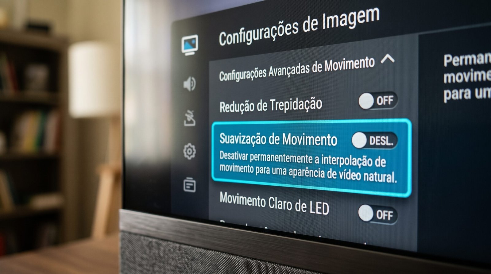 Fotografia macro super nítida de uma interface visual focada exatamente no painel do menu de configuração de sistema inteligente da Smart TV nova