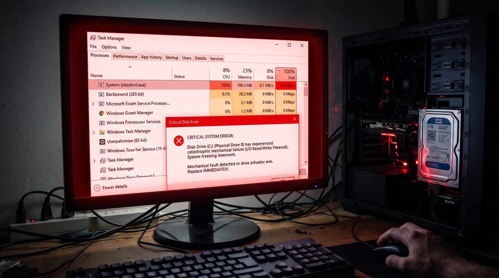 Gerenciador de Tarefas do Windows em um monitor aceso na cor vermelha, demonstrando nitidamente um disco rígido travado de modo asfixiante na faixa de 100% de uso de memória com erro