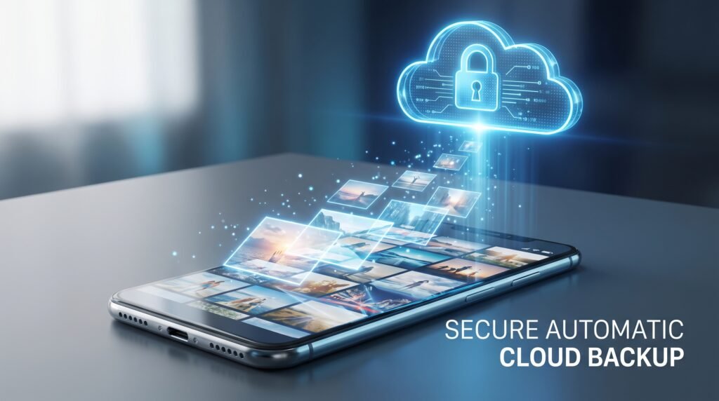 Gráfico visual ilustrando fotografias do celular subindo com segurança para a nuvem de backup para liberar espaço físico.