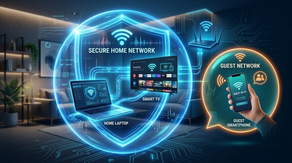 Gráfico visual ilustrando uma Rede Wi-Fi Principal blindada separada de uma Rede de Convidados isolada e segura.