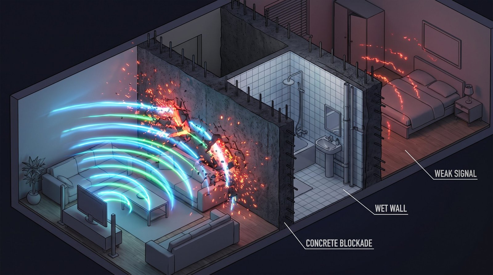 Ilustração 3D conceitual de arquitetura mostrando ondas do sinal Wi-Fi da sala sendo duramente bloqueadas e enfraquecidas por paredes grossas de concreto e banheiros antes de chegarem ao quarto.