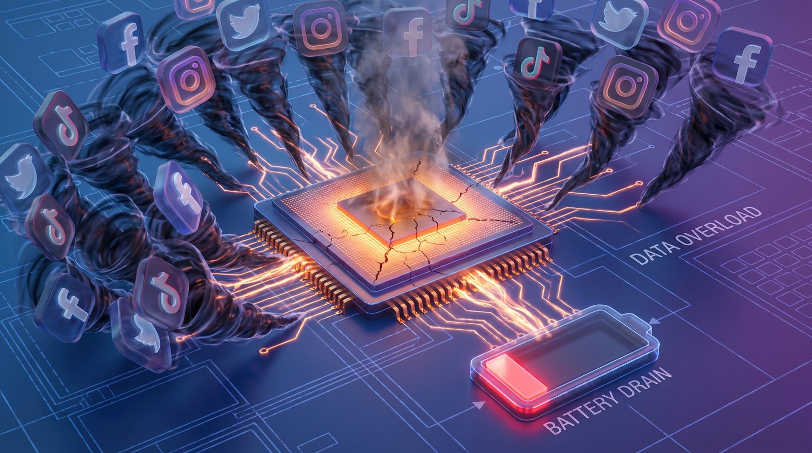 Ilustração 3D conceitual de tecnologia mostrando um processador de celular sendo sobrecarregado por dezenas de ícones de redes sociais invisíveis drenando a bateria.