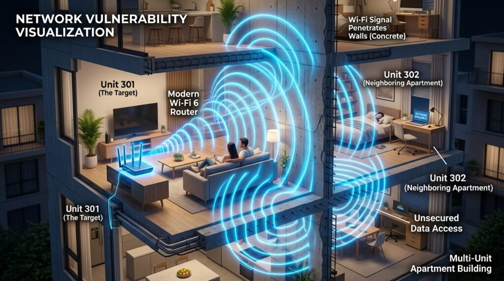 Ilustração 3D conceitual mostrando as ondas de rádio do roteador Wi-Fi ultrapassando as paredes e chegando ao apartamento do vizinho.