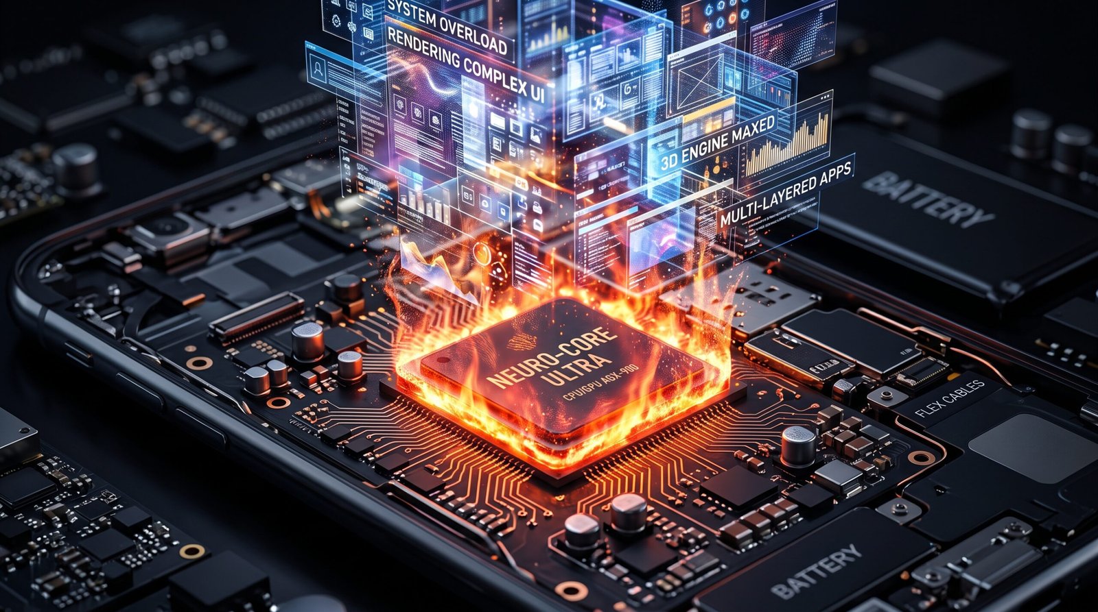 Ilustração 3D conceitual mostrando o processador do celular superaquecendo ao tentar desenhar e carregar animações gráficas muito pesadas.