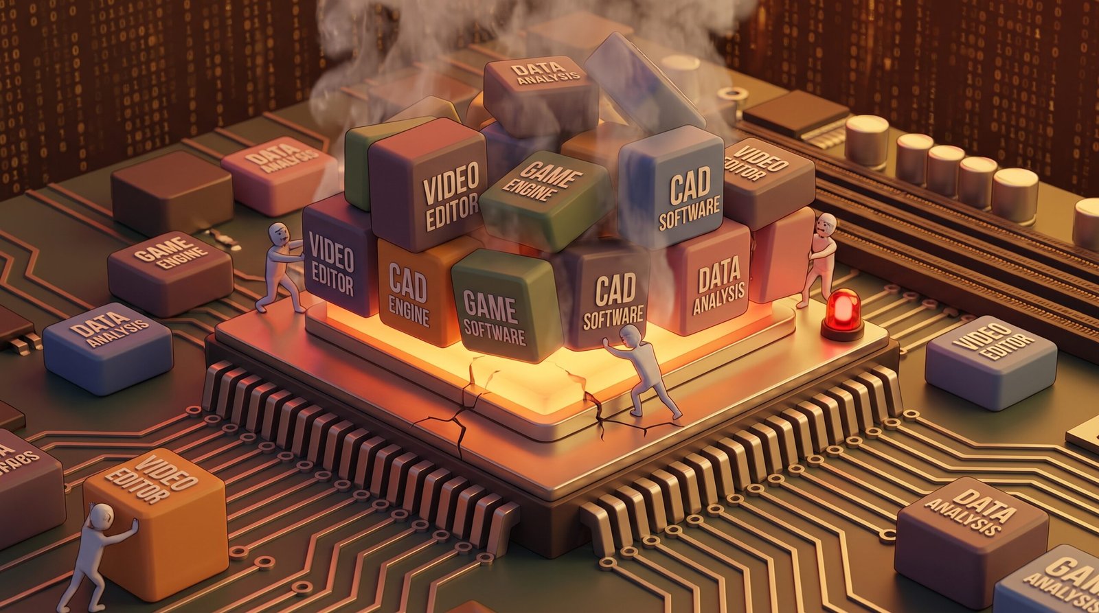 Ilustração 3D conceitual mostrando o processador do computador sobrecarregado por dezenas de programas pesados tentando iniciar ao mesmo tempo.