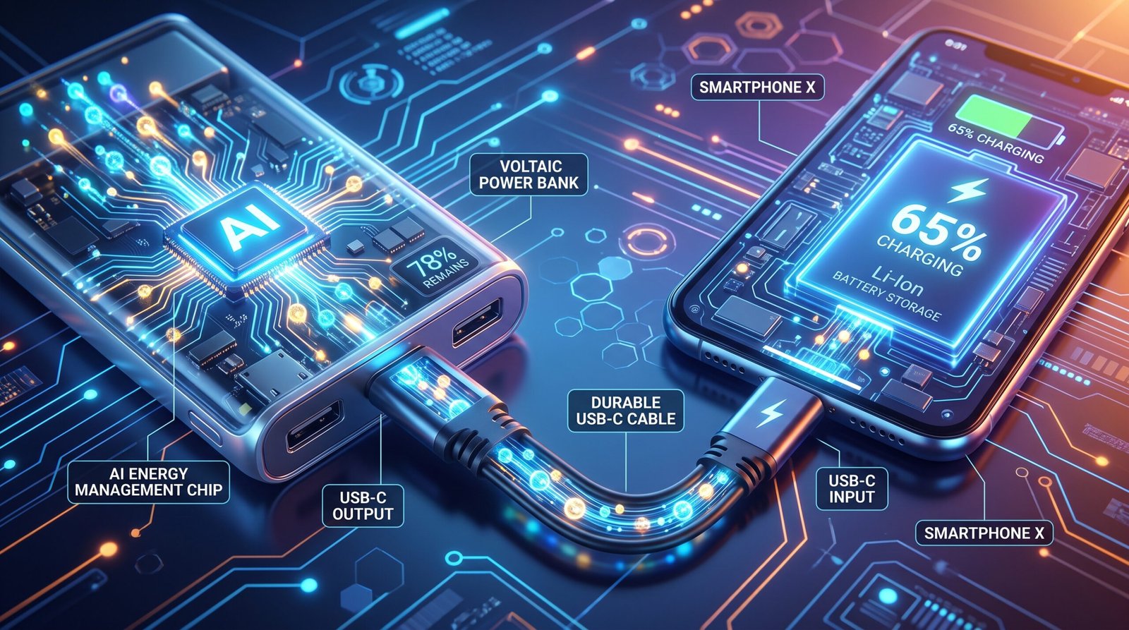Ilustração 3D conceitual tecnológica e brilhante mostrando o fluxo inteligente e limpo de partículas de energia