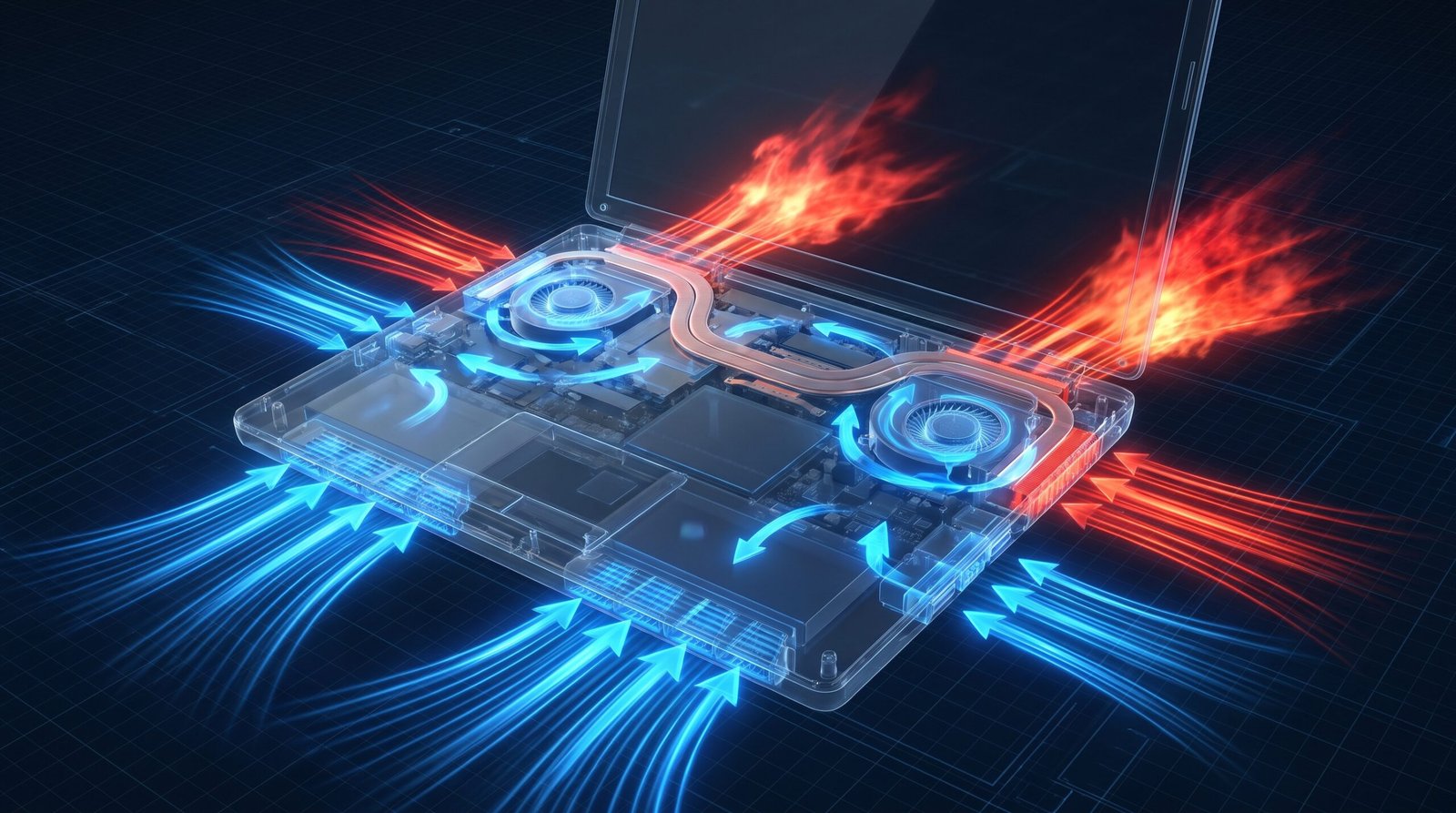 Ilustração 3D conceitual tecnológica mostrando setas de fluxo de ar frio entrando pela parte inferior do notebook e sendo expulsas como ar quente vermelho pelas saídas de exaustão.