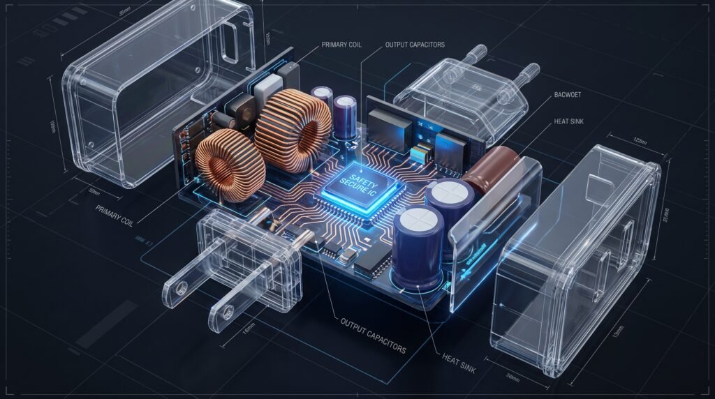 Ilustração 3D explodida mostrando os componentes de segurança, microchips e bobinas dentro de um carregador de celular original.