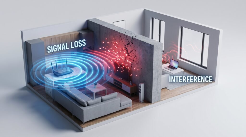 Ilustração 3D mostrando a perda e o bloqueio do sinal de Wi-Fi ao tentar atravessar paredes de concreto de uma casa.