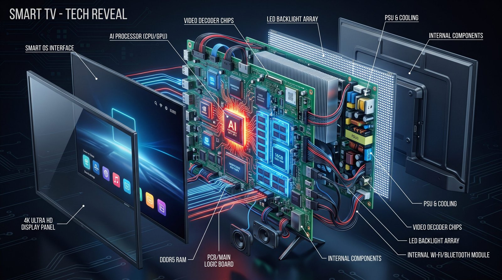 Ilustração 3D mostrando a placa-mãe, processadores e Memória RAM sobrecarregados e ocultos dentro de uma Smart TV moderna.