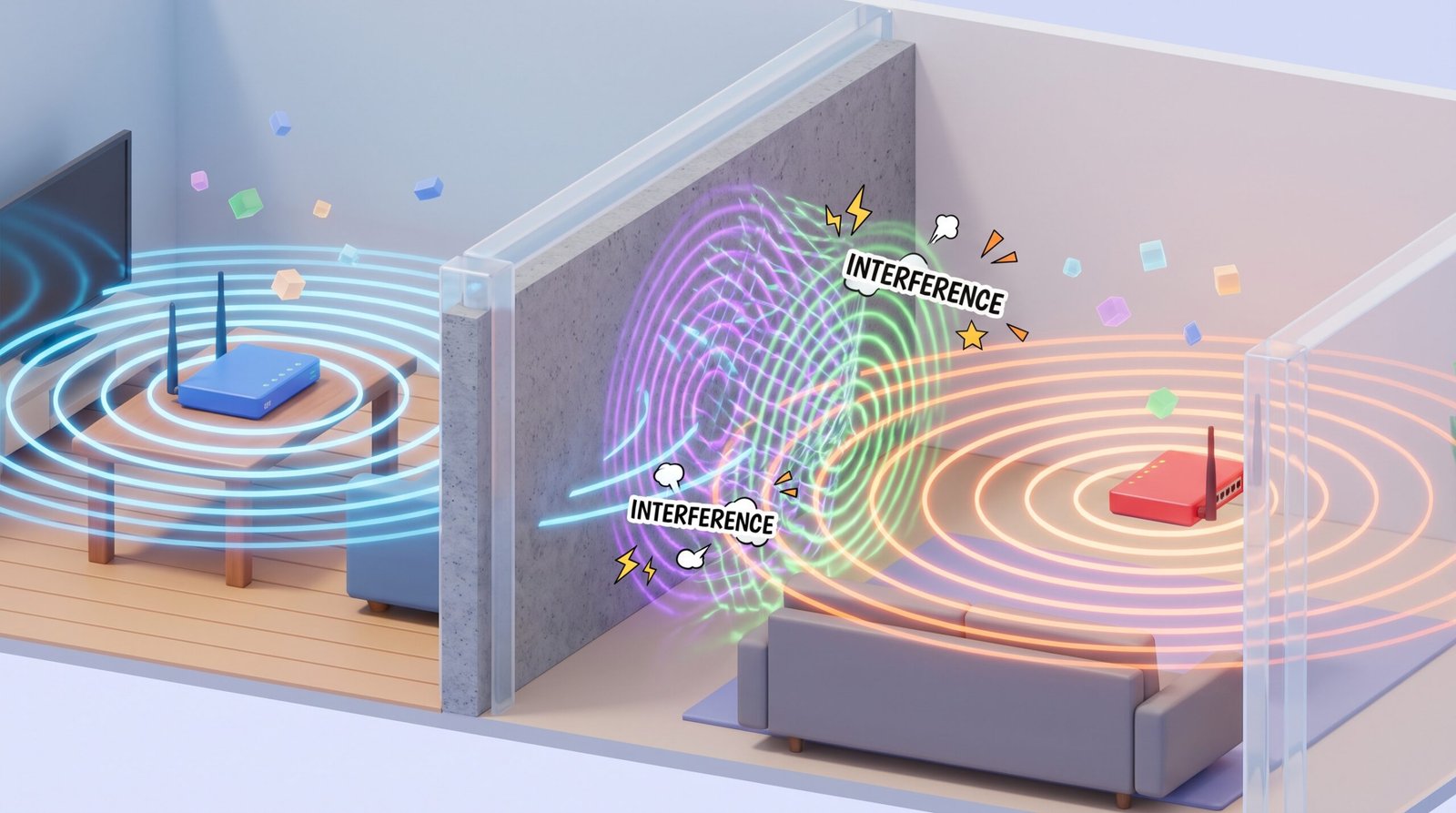 Ilustração 3D mostrando as ondas de sinal Wi-Fi do roteador colidindo e sofrendo interferência com o roteador do vizinho através da parede.