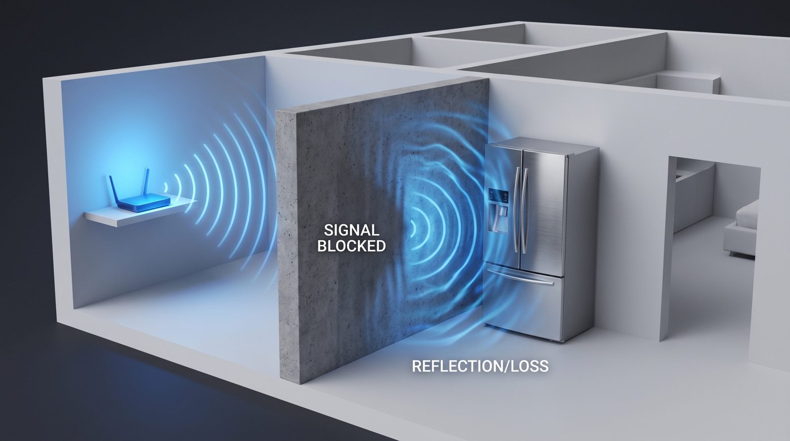 Ilustração 3D mostrando as ondas do sinal Wi-Fi sendo bloqueadas por paredes grossas de concreto e refletidas por uma geladeira de metal na casa.