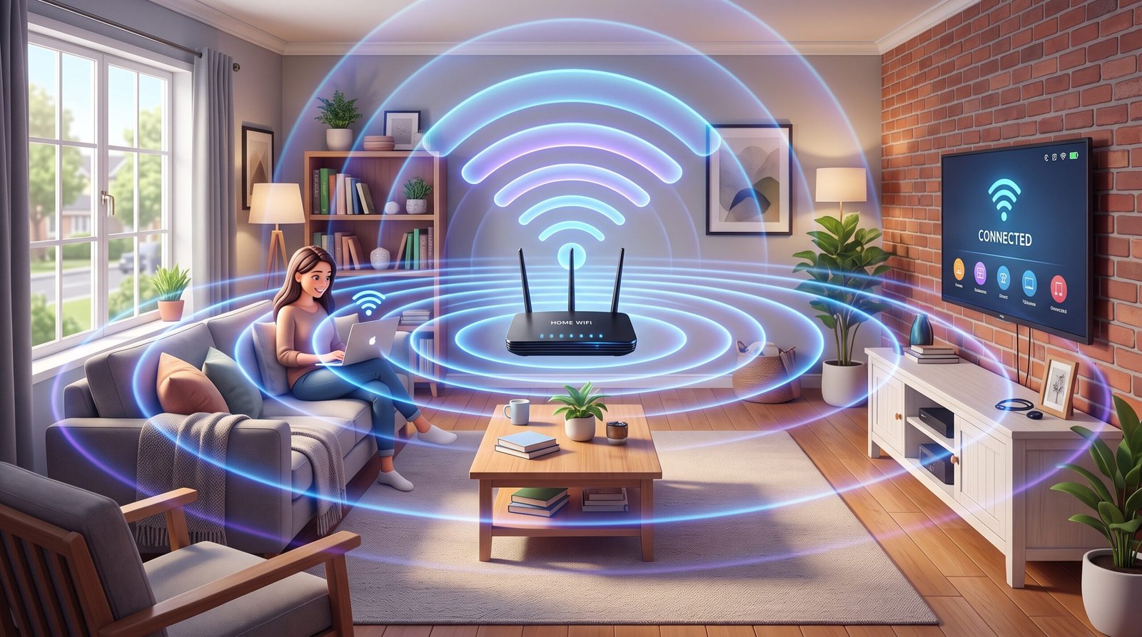 Ilustração 3D mostrando ondas circulares de sinal Wi-Fi se espalhando em 360 graus a partir de um roteador na sala de estar.
