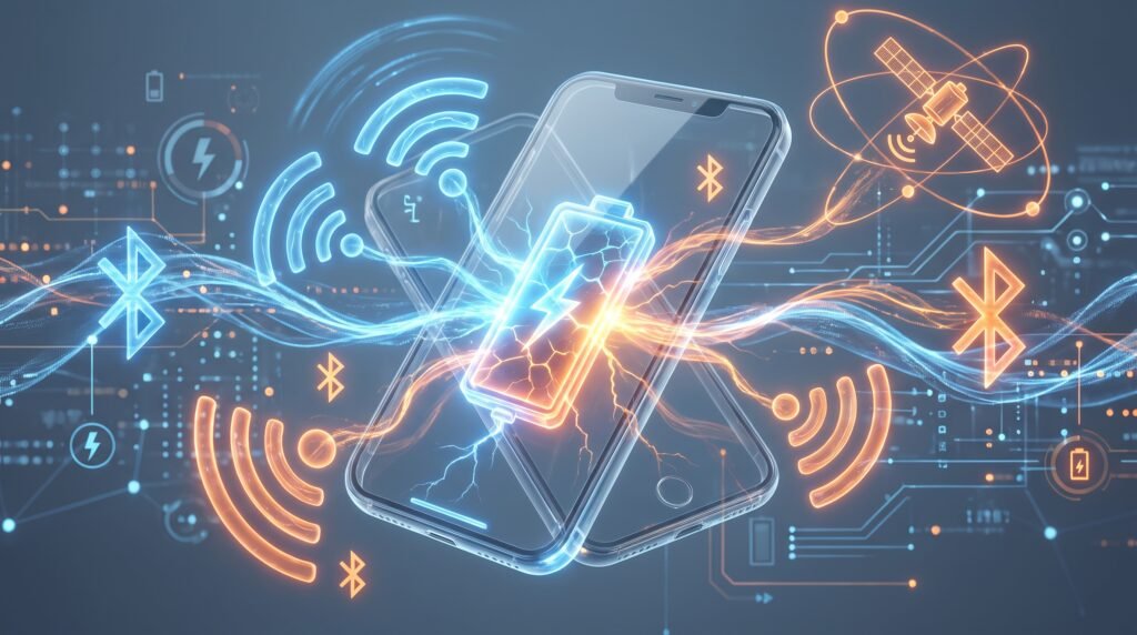 Ilustração 3D mostrando um celular emitindo sinais invisíveis de GPS e Wi-Fi que gastam a bateria.