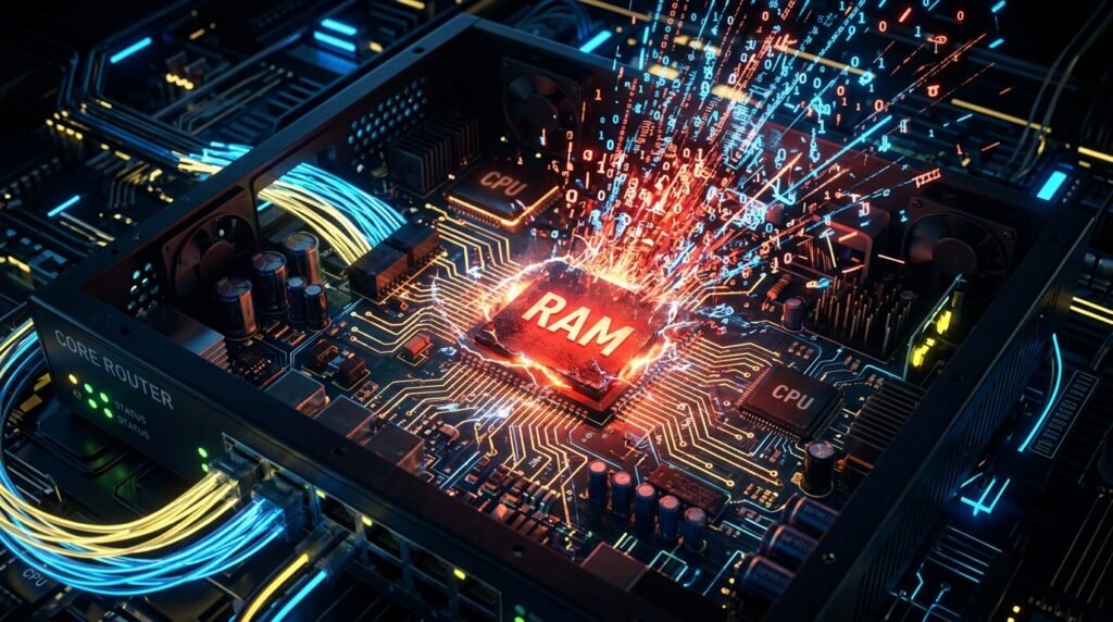 Ilustração 3D mostrando um microchip de Memória RAM dentro do roteador sobrecarregado com dados travados.