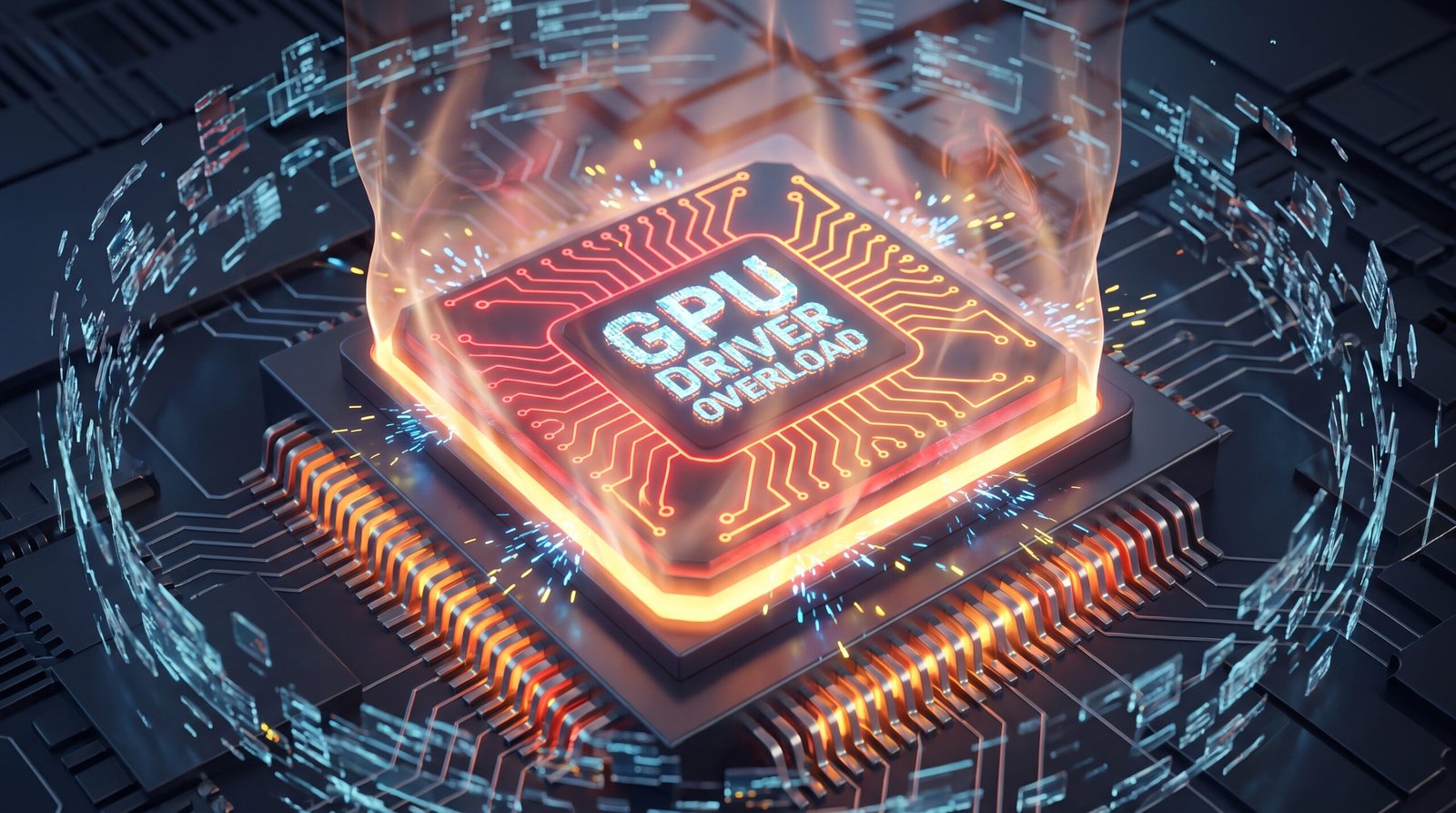 Ilustração 3D mostrando um processador de placa de vídeo sobrecarregado, quente e travando ao processar dados visuais pesados.