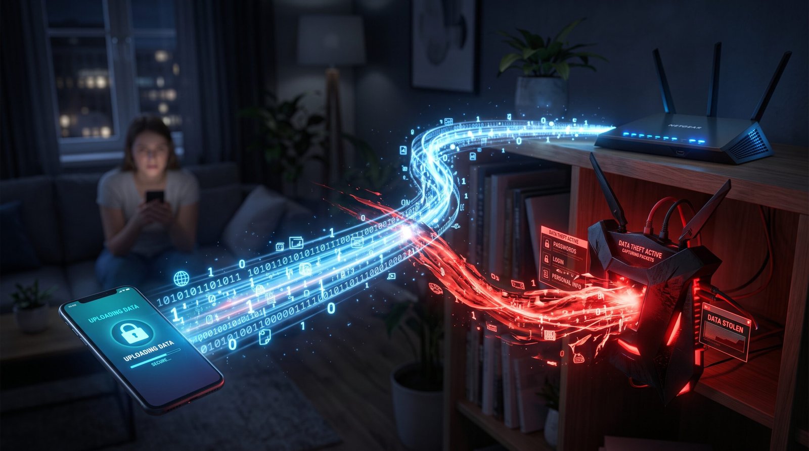 Ilustração conceitual gráfica em 3D hiper-realista demonstrando o roubo de dados