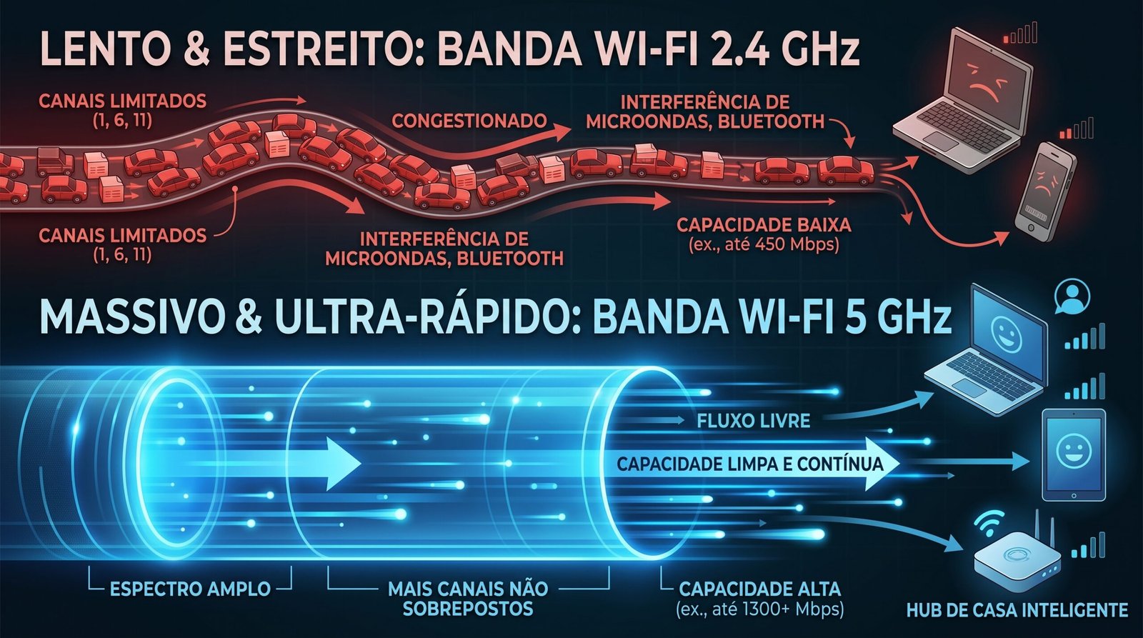 Ilustração conceitual gráfica tecnológica altamente explicativa comparando visivelmente uma onda de internet Wi-Fi 2.4 GHz lenta