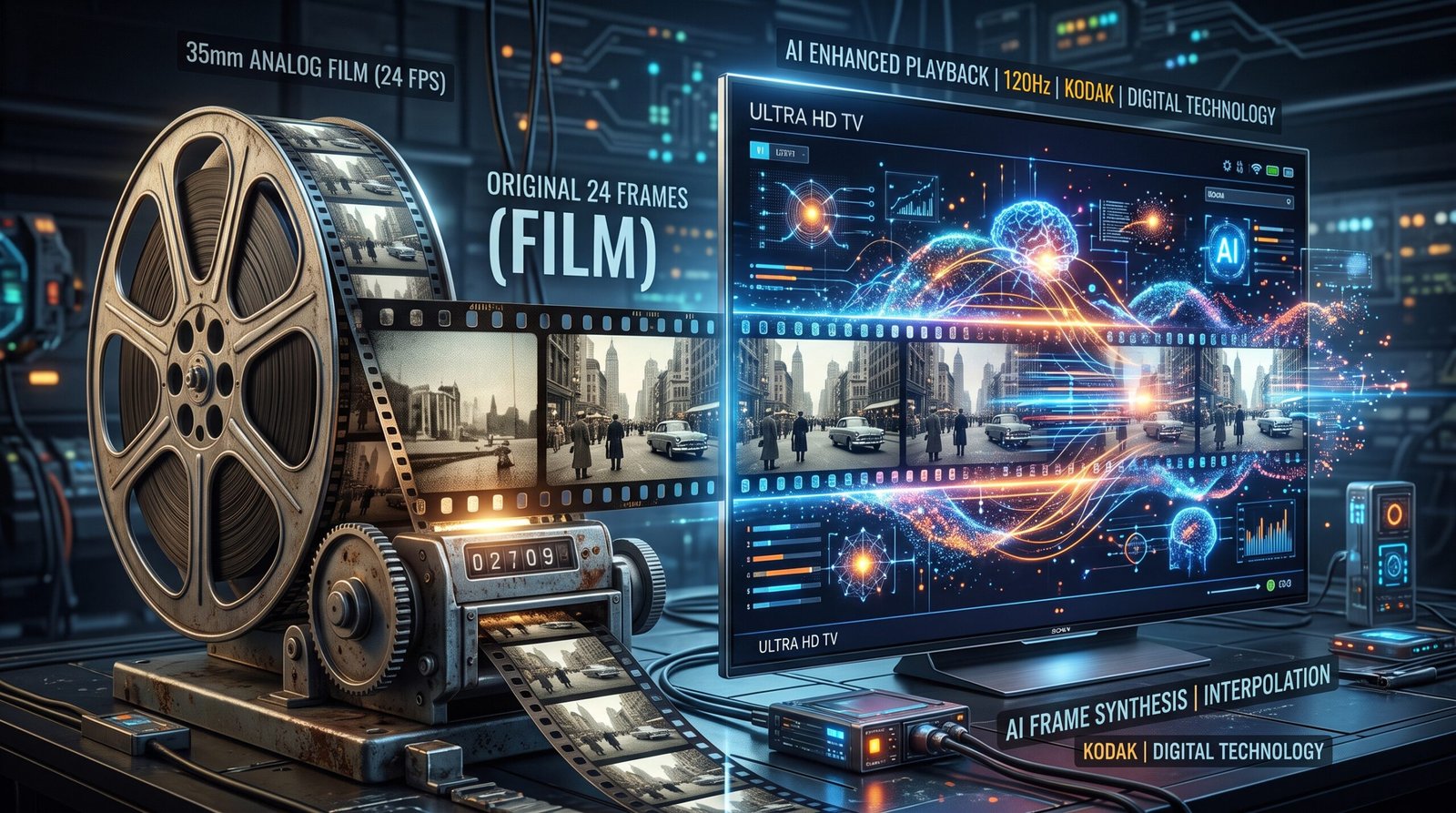 Ilustração conceitual tecnológica em 3D hiper-realista exibindo de um lado os limpos 24 quadros originais de um rolo de filme de cinema