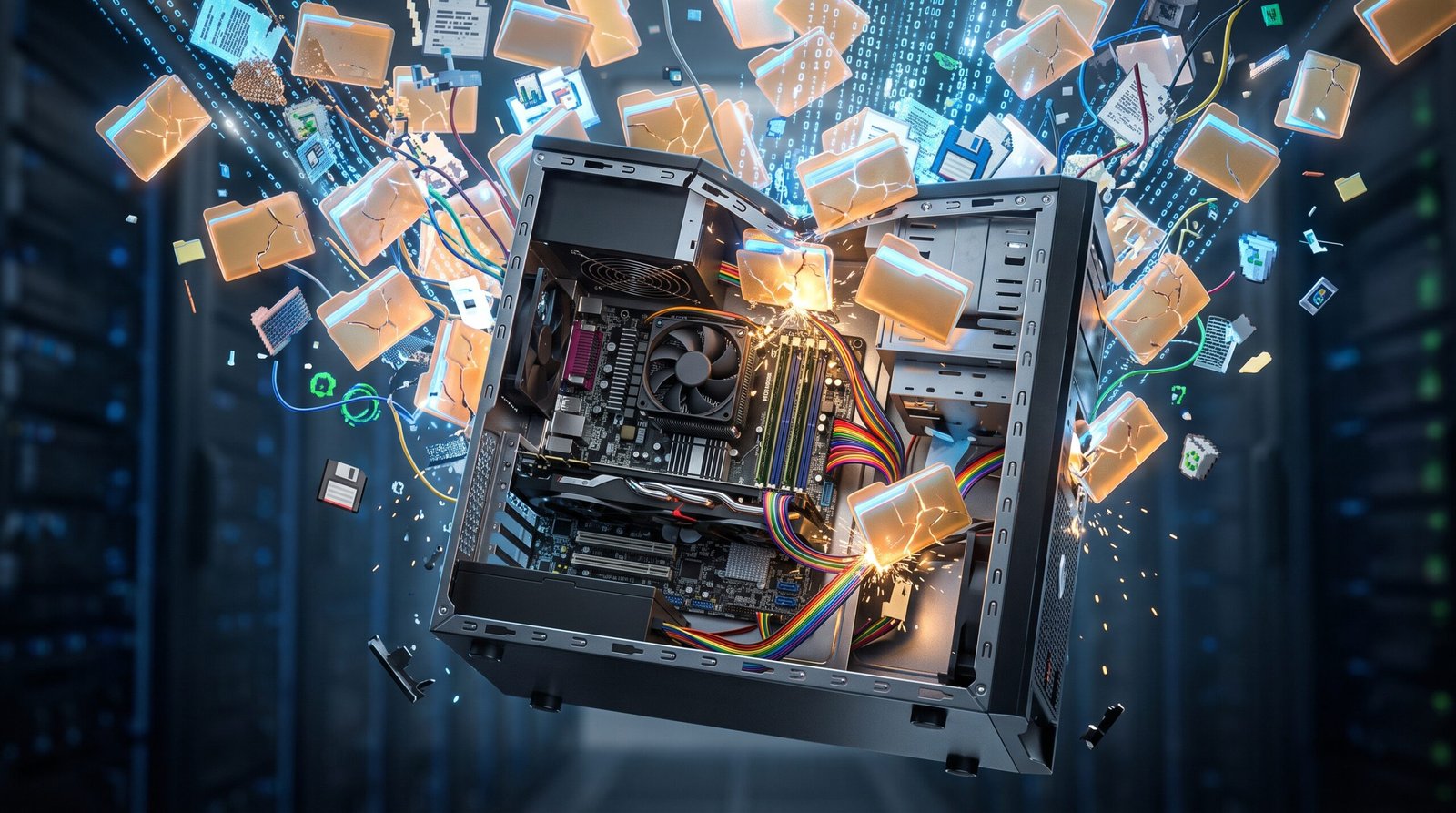 Ilustração gráfica em 3D hiper-realista demonstrando os complexos circuitos eletrônicos internos de um computador aberto
