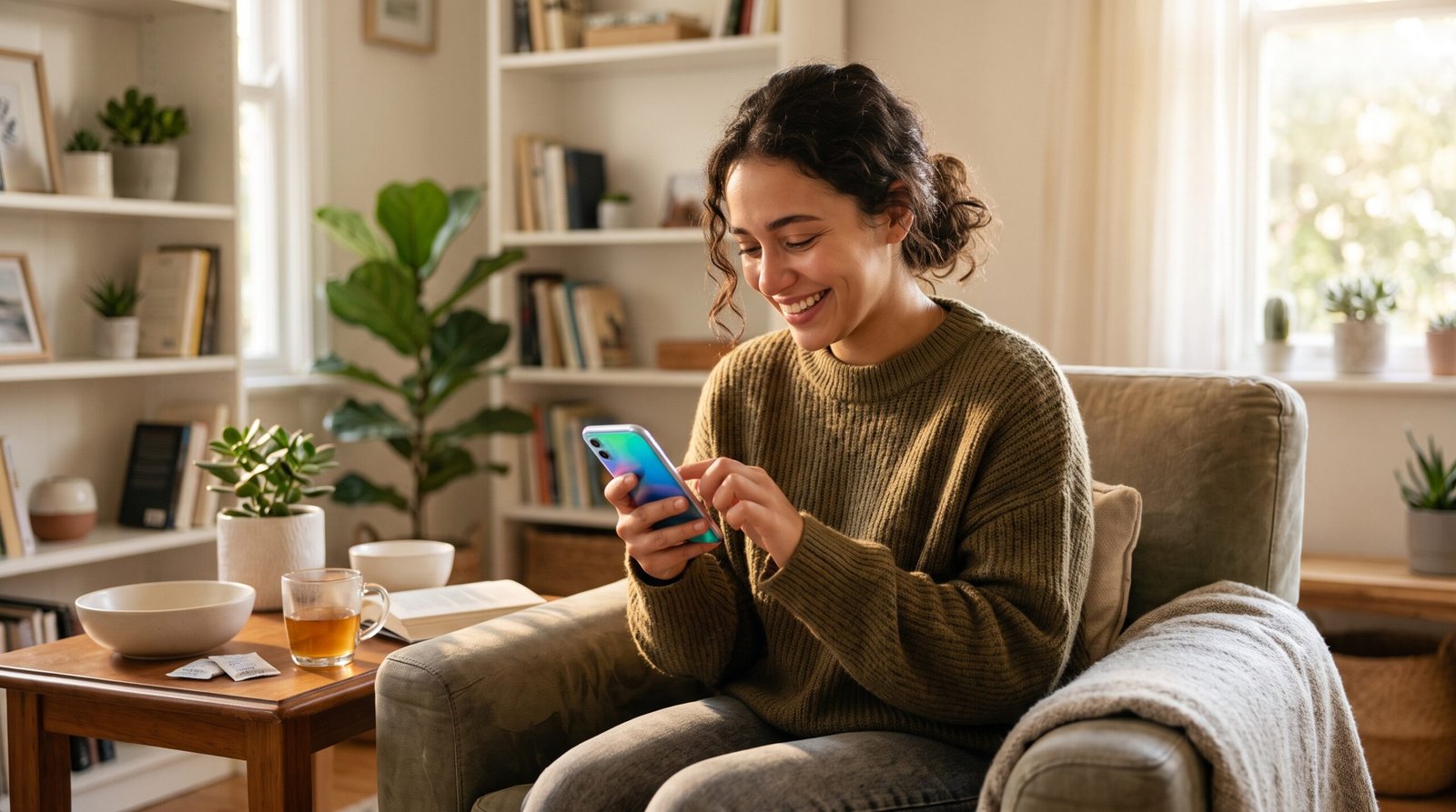 Imagem calorosa e otimista de uma moça profundamente aliviados, relaxados e sorrindo muito felizes enquanto usam um aparelho celular que está operando em plenas condições