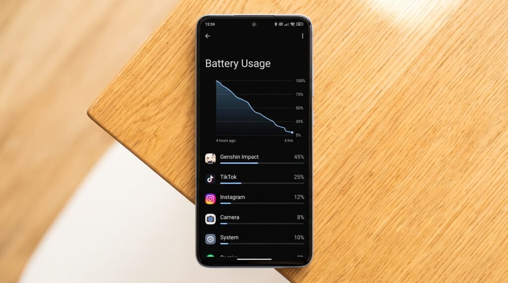 Interface do menu de configurações do celular mostrando o gráfico de uso detalhado da bateria e os aplicativos que mais consomem.