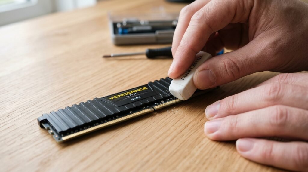 Limpeza segura dos contatos de ouro de uma Memória RAM de computador utilizando uma borracha branca escolar.