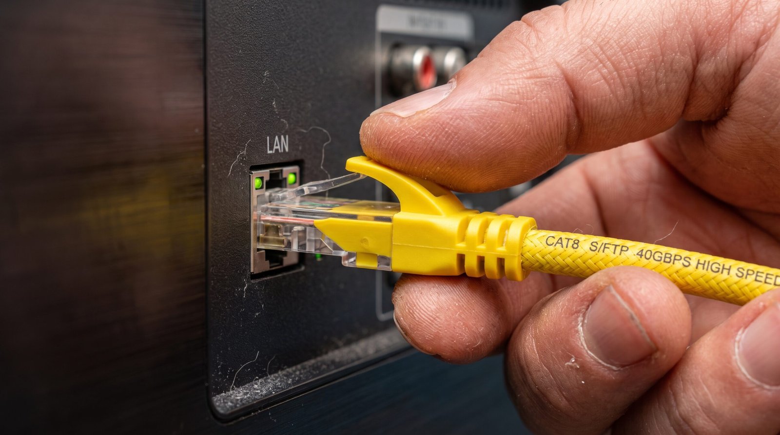 Mão conectando firmemente um cabo de rede amarelo Ethernet na parte traseira de uma Smart TV para internet sem travamentos.