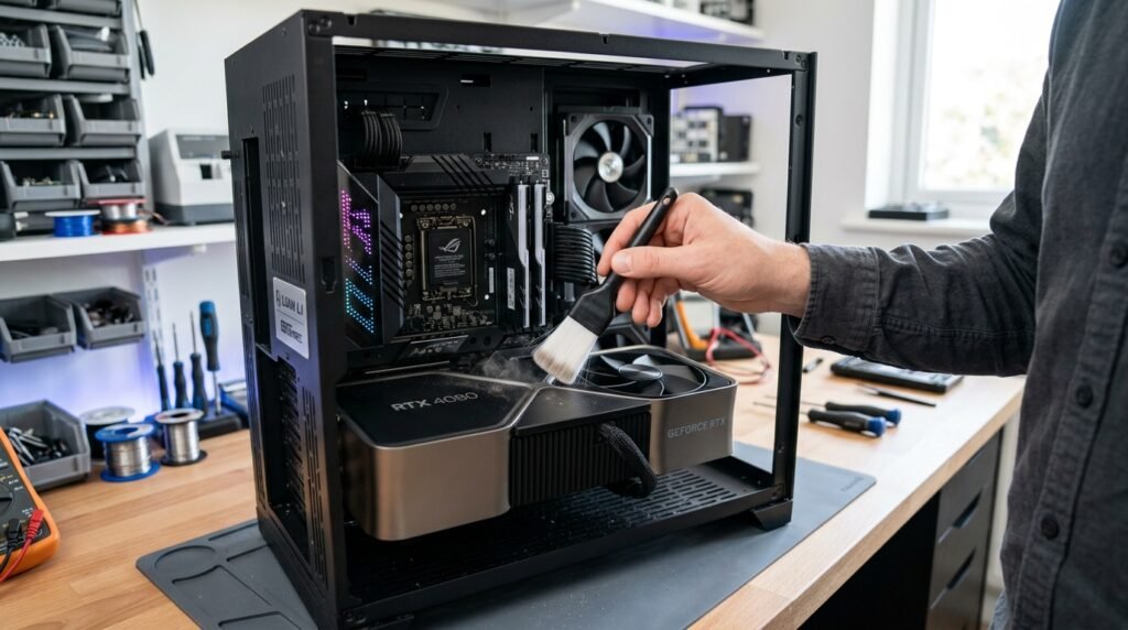 Mão de um técnico limpando cuidadosamente a placa-mãe de um computador aberto com um pincel antiestático macio.