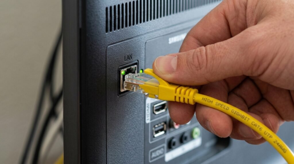 Mão de um usuário conectando firmemente um cabo de rede amarelo Ethernet na parte traseira da Smart TV.