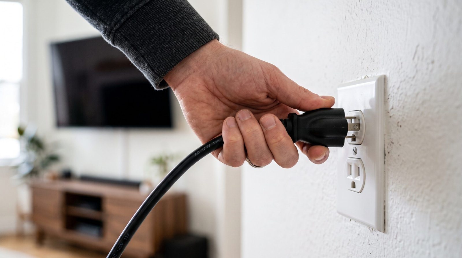 Mão de um usuário desconectando o cabo de energia da Smart TV diretamente da tomada de parede para reiniciar o sistema.