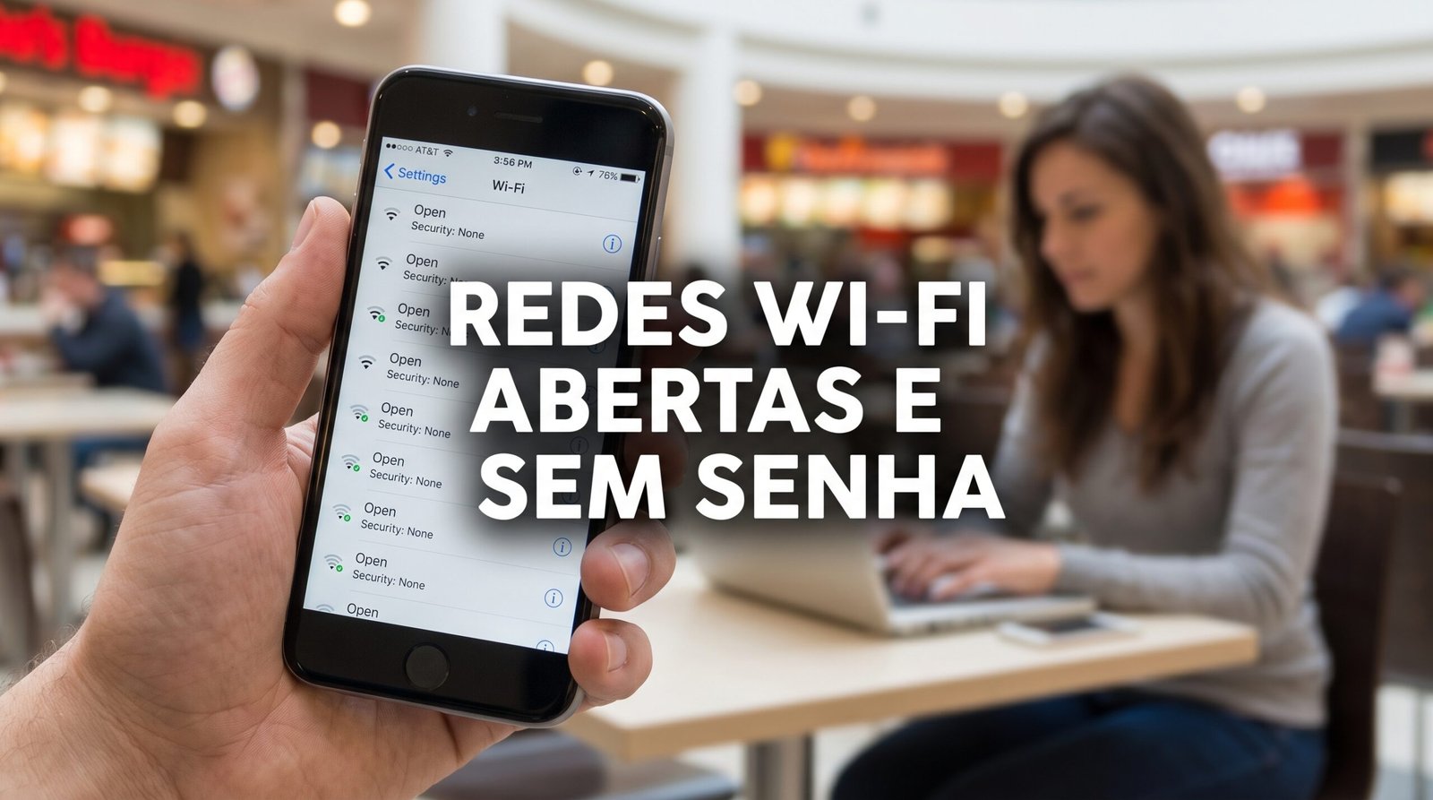 Mão em foco segurando um smartphone na praça de alimentação de um shopping