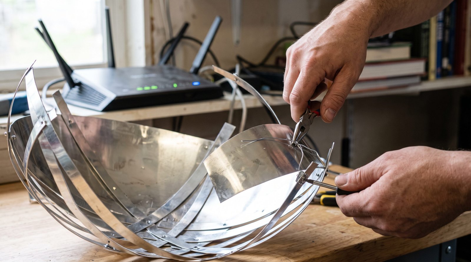 Mãos construindo cuidadosamente um refletor curvo de sinal de internet usando alumínio brilhante com um roteador focado no fundo da imagem.