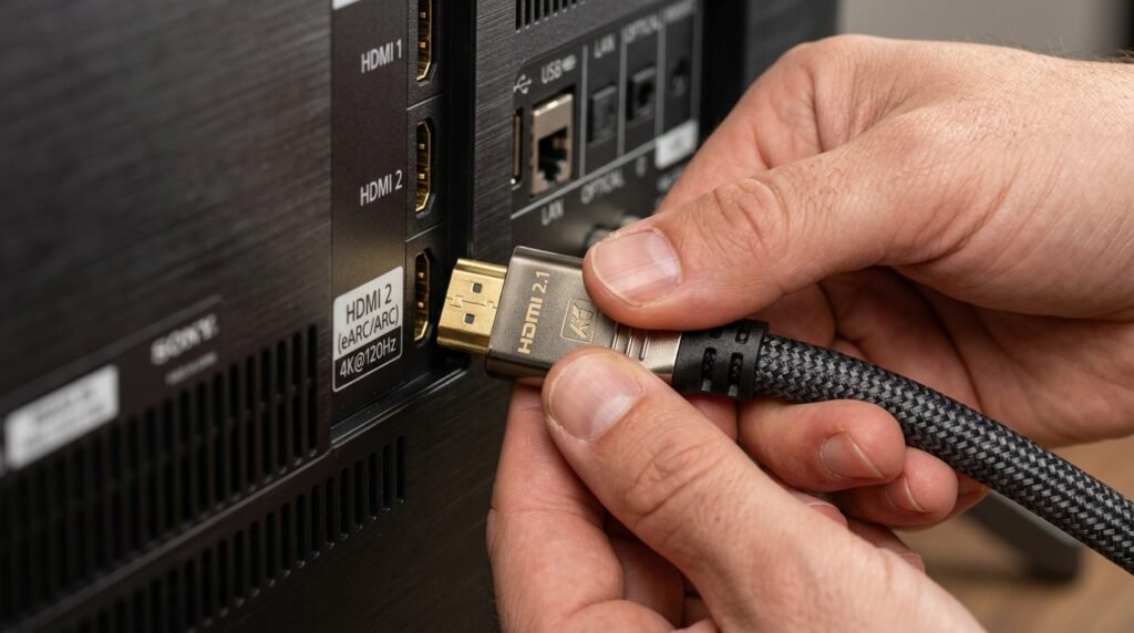 Mãos de um usuário conectando um cabo HDMI dourado moderno e espesso na parte traseira de uma Smart TV.