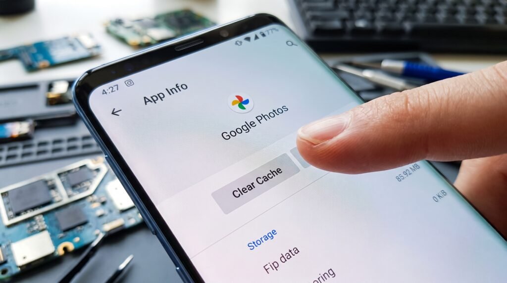 Menu de informações do aplicativo no smartphone focado no botão de Limpar Cache para liberar espaço.