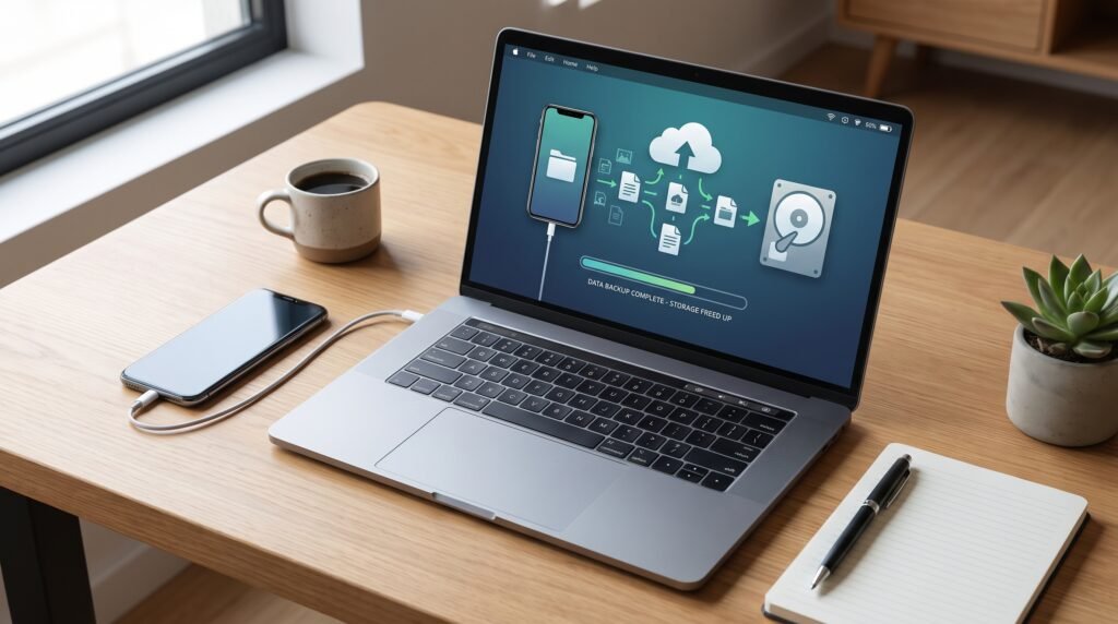 Notebook fazendo backup seguro dos arquivos de um smartphone para liberar espaço de armazenamento interno.