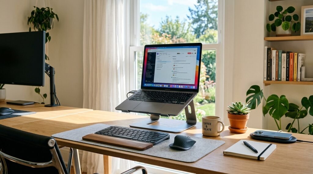 Notebook posicionado corretamente em um suporte ergonômico de alumínio na mesa para garantir ventilação perfeita.
