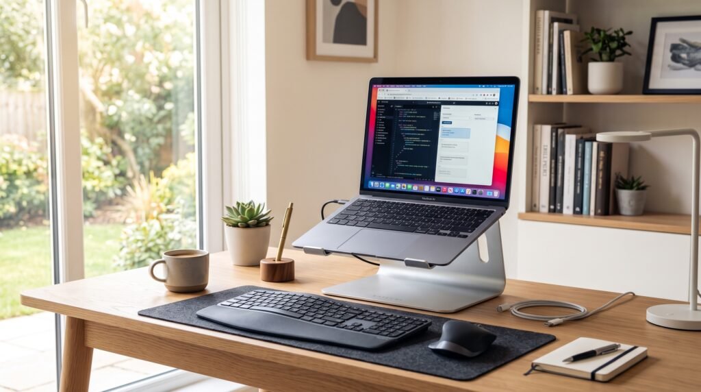 Notebook posicionado corretamente em um suporte ergonômico de alumínio para melhorar a ventilação e refrigeração.