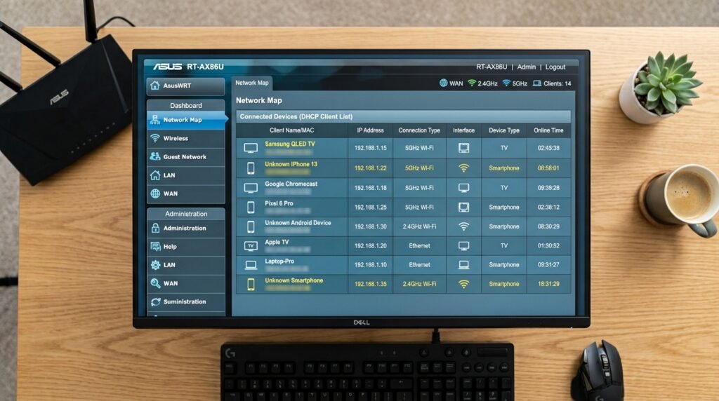 Painel administrativo do roteador exibindo a lista de dispositivos e celulares desconectados (clientes DHCP) roubando a rede.