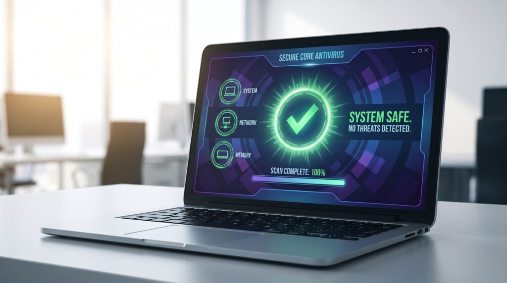 Painel de segurança e antivírus no notebook executando uma verificação completa e detectando um sistema seguro.