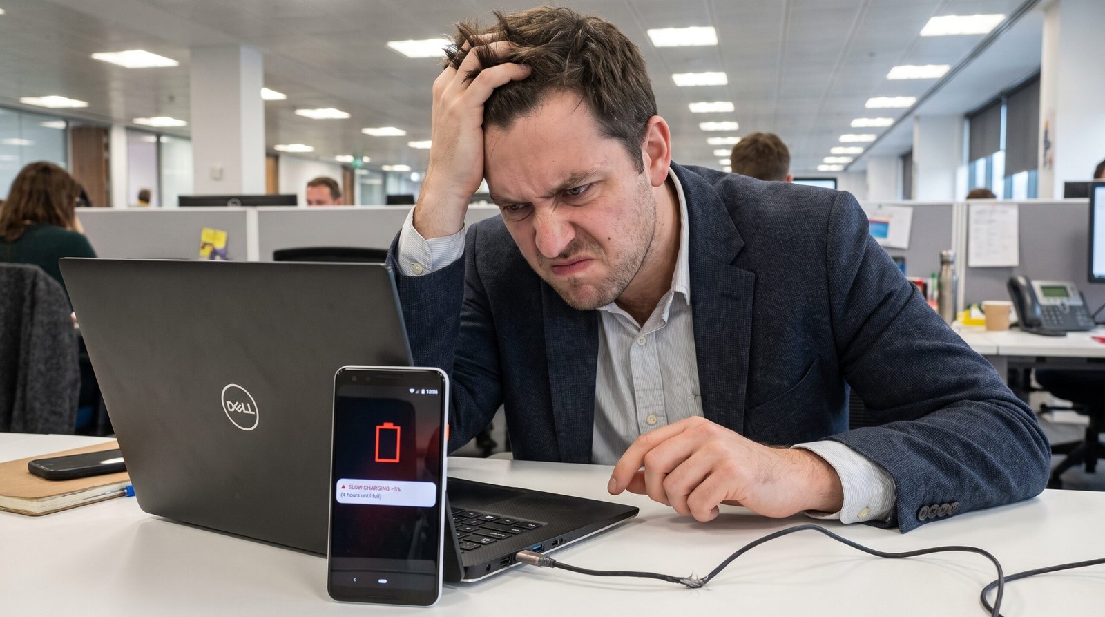 Pessoa claramente frustrada trabalhando em escritório corporativo, observando impaciente o smartphone conectado ao notebook