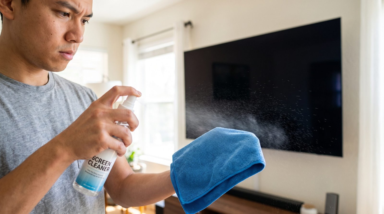Pessoa espirrando a água de limpeza cuidadosamente e apenas sobre o pano de microfibra, mantendo a umidade longe da tela da Smart TV que está no fundo