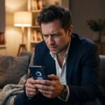 Pessoa estressada e frustrada segurando um smartphone que está operando de forma extremamente lenta e travando.