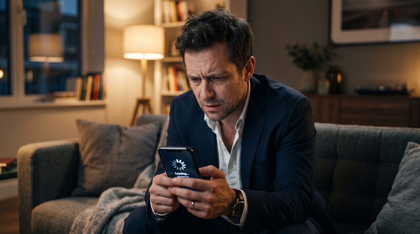 Pessoa estressada e frustrada segurando um smartphone que está operando de forma extremamente lenta e travando.