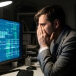 Pessoa estressada em pânico no escritório olhando para um computador com a tela totalmente congelada e travada.