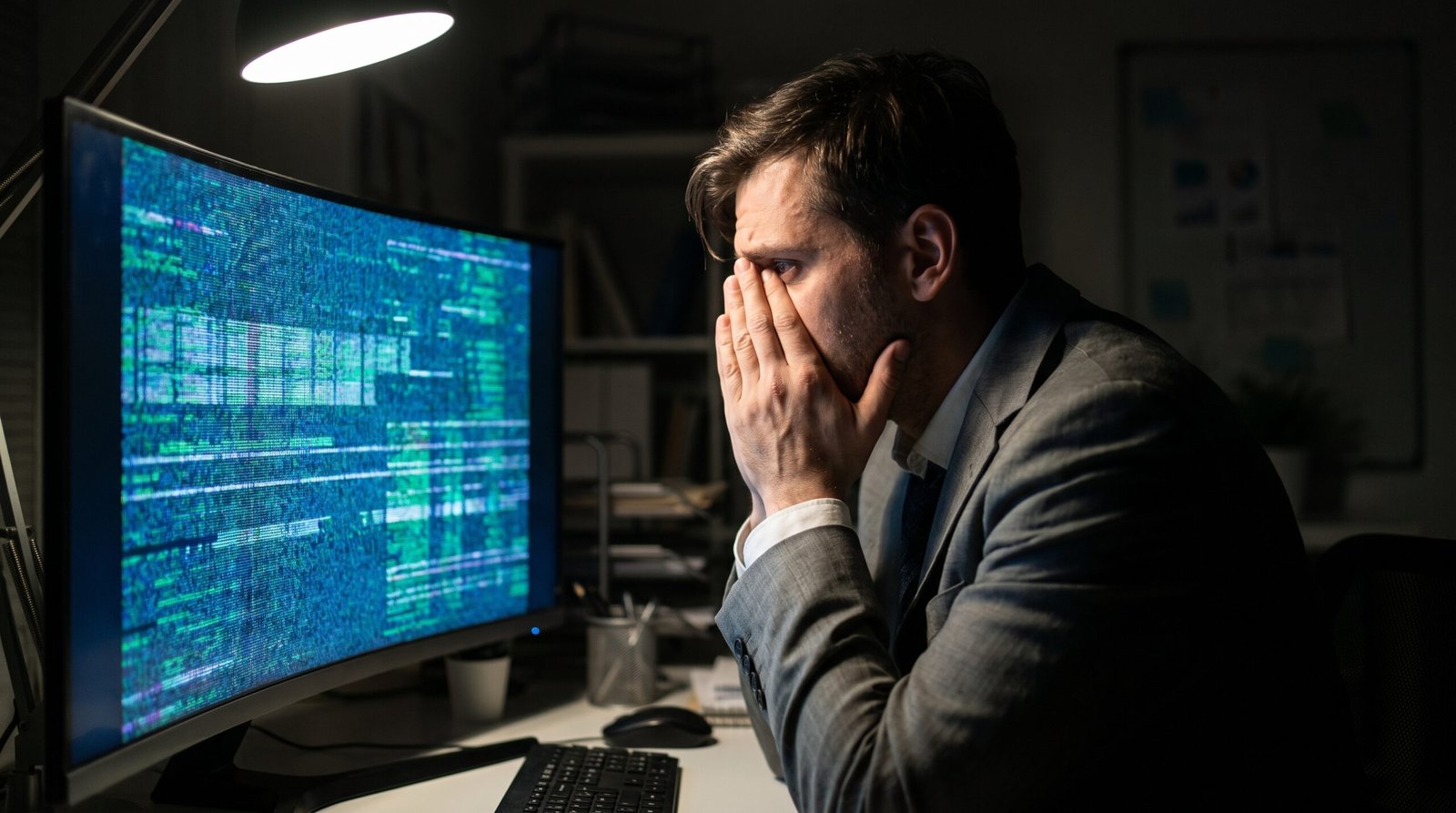 Pessoa estressada em pânico no escritório olhando para um computador com a tela totalmente congelada e travada.