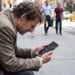 Pessoa estressada, no meio do dia, frustrada olhando para o smartphone que exibe um alerta de bateria acabando (5%) na cor vermelha.