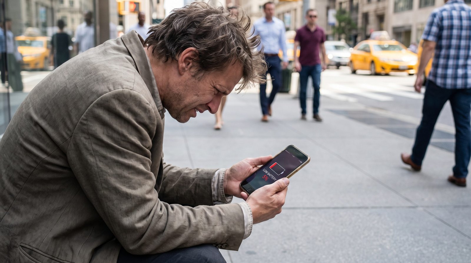 Pessoa estressada, no meio do dia, frustrada olhando para o smartphone que exibe um alerta de bateria acabando (5%) na cor vermelha.