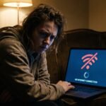 Pessoa estressada no sofá da sala segurando um notebook com internet lenta e símbolo de carregamento na tela.